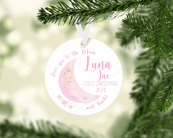 Pink Moon Baby 1st Christmas Ornament, Personalized Baby First Christmas Ornament, Baby Girl Ornament, New Baby Gift, Holiday Baby Ornament