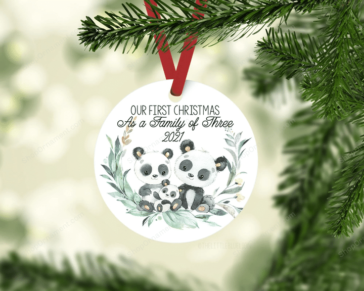 Panda Family of Three Ornament, Our First Christmas As A Family Of Three, New Family Ornament, New Baby Gift, Holiday Baby Ornament