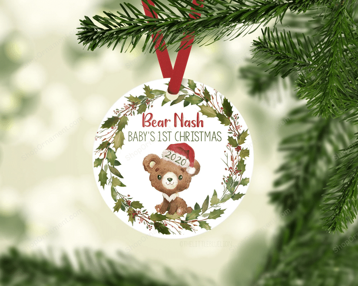 Bear Baby First Christmas Ornament, Personalized Baby Christmas Ornament, Santa hat Bear Forest Baby Boy Ornament, Holiday Baby Ornament