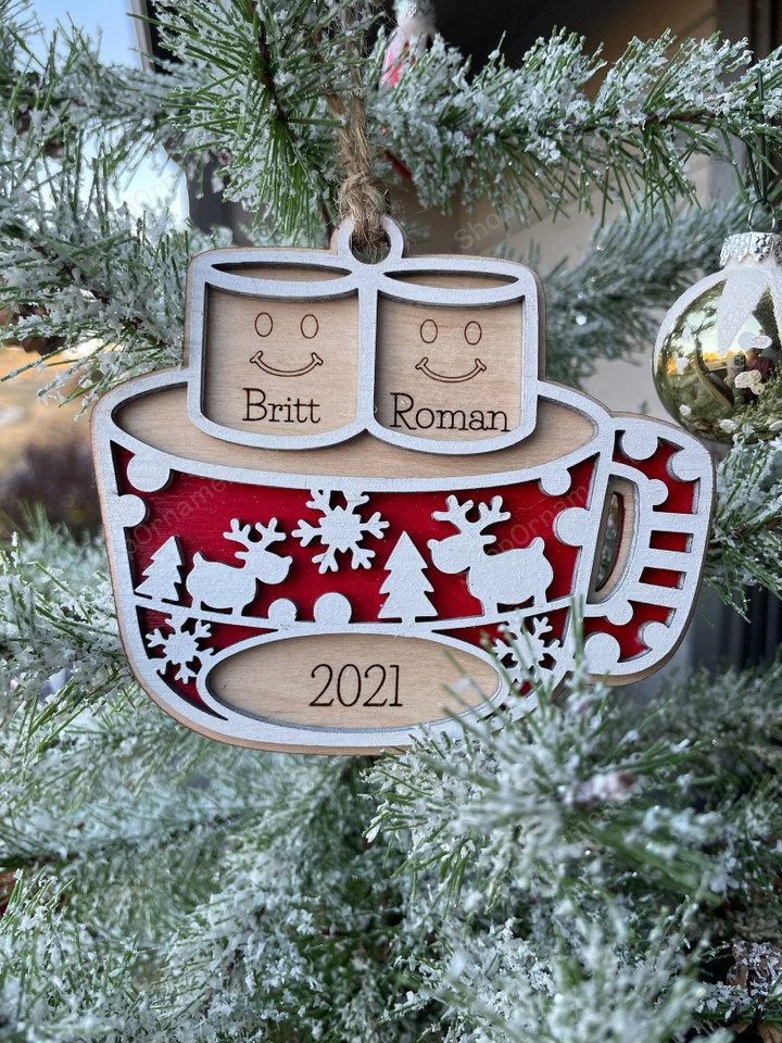 Personalized family Christmas ornament, wood ornament, hot chocolate, custom name ornament, Christmas keepsake, holiday decor