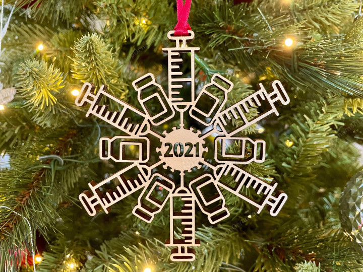 2021 Covid Vaccine Snowflake Christmas Ornament | Laser Cut Wood Coronavirus Vaccine | White Elephant, Ornament Exchange, Secret Santa Gift
