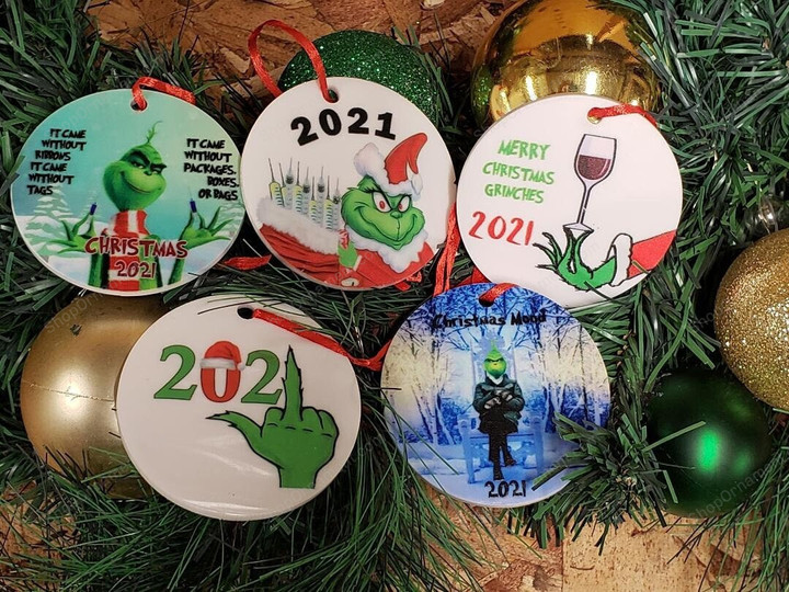The Grinch 2021 Christmas Pandemic ornament collection 5 Grinch Xmas Ornaments The Vaccine, Dringk up Grinches, 2021 finger Custom designs