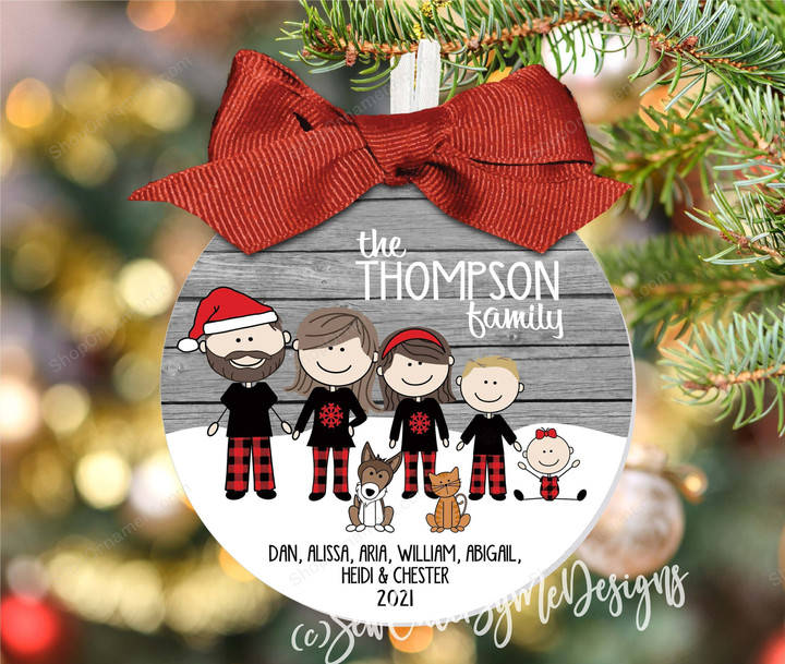 2021 Family Christmas Ornament in Plaid Pajamas - Large Ornament, Character Ornament, Personalized Ornament, Christmas Gift, Family PJs