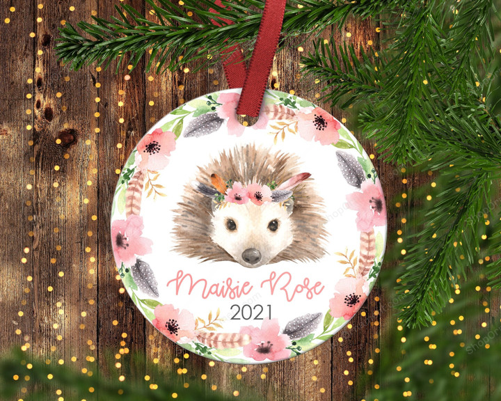 Girls Hedgehog Christmas Ornament.Pink Raccoon.Personalized christmas ornament.Girls Ornament