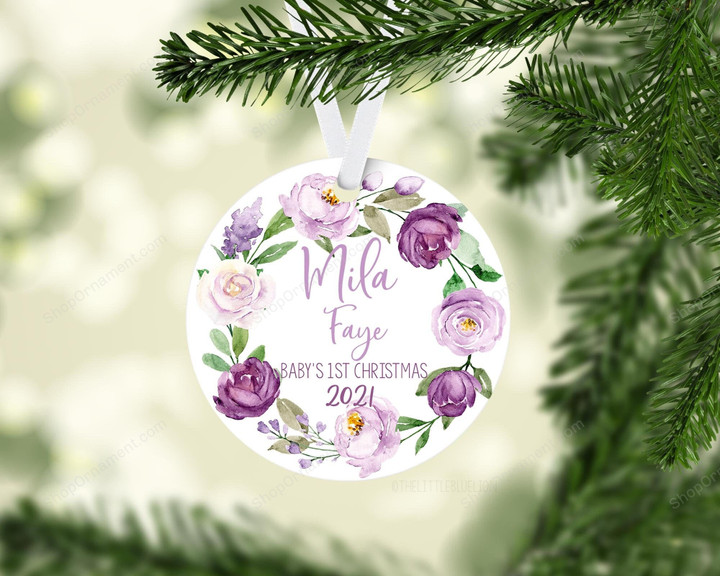 Violet Floral Baby 1st Christmas Ornament, Personalized Baby First Christmas Ornament, Baby Girl Ornament, Holiday Baby Ornament