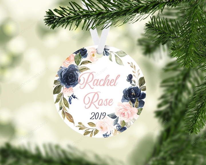 Rose Baby Ornament, Personalized Baby Ornament, Baby Girl Ornament, New Baby Gift, Holiday Baby Ornament, Navy Blush Rose Ornament