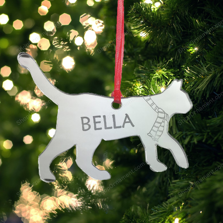 Personalised Cat Christmas Tree Bauble 2021, Cat Lover Gift Idea with Engraved Name Hanging Xmas Ornament, Personalised Christmas Bauble