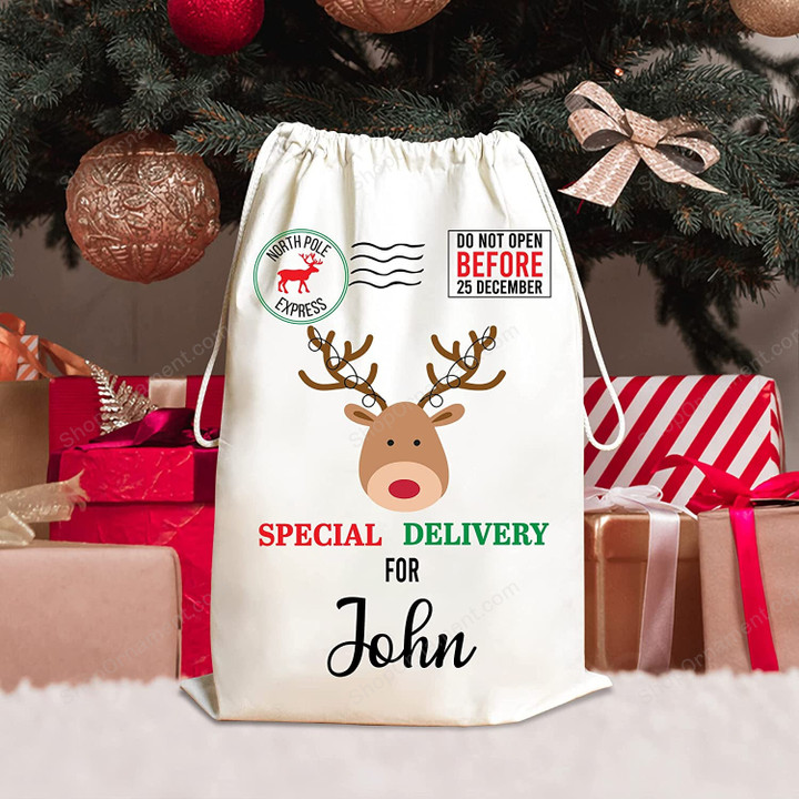 Reindeer Santa Sack, Personalized Kids Name Santa Sack, Santa Bags, Special Delivery For, Kids Santa Bag, Santa Toy Sack, Gift for Kids, Christmas Sack Gift