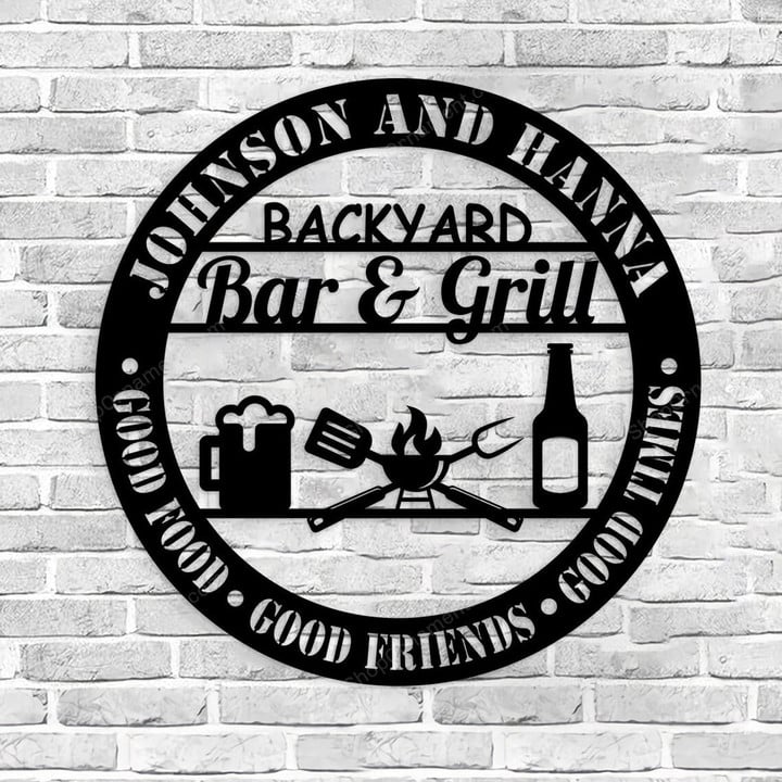Personalized backyard bar & grill metal wall, Beer metal wall art sign, BBQ outside wall decor, Family name metal sign