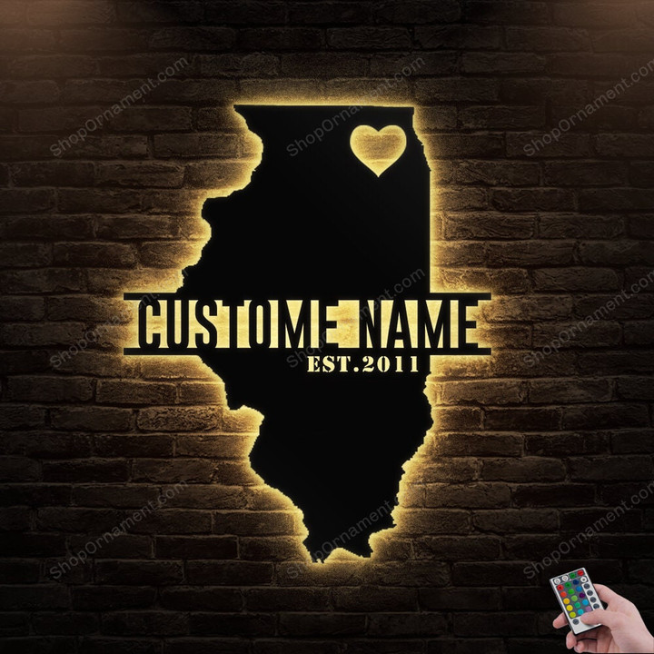 Custom Illinois Map Metal Wall Art With Led Lights