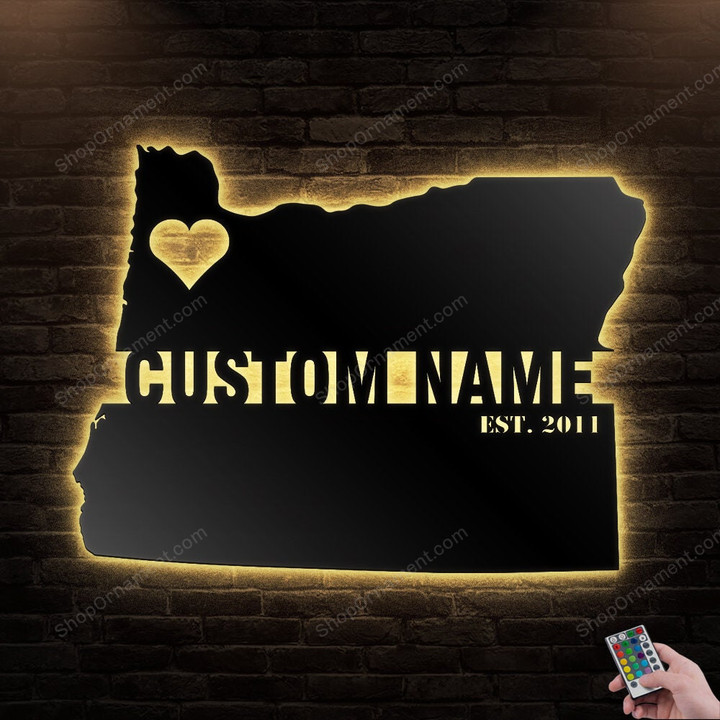 Custom Oregon Map Metal Wall Art With Led Lights Personalized