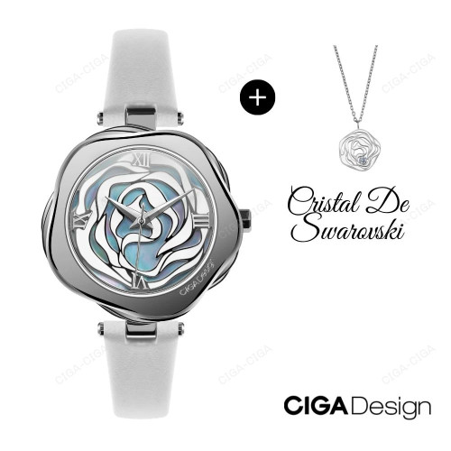 CIGA Design Women Quartz Watch Rose Flower Stainless Steel / Cow Leather Strap Wristwatches With Rose Necklace