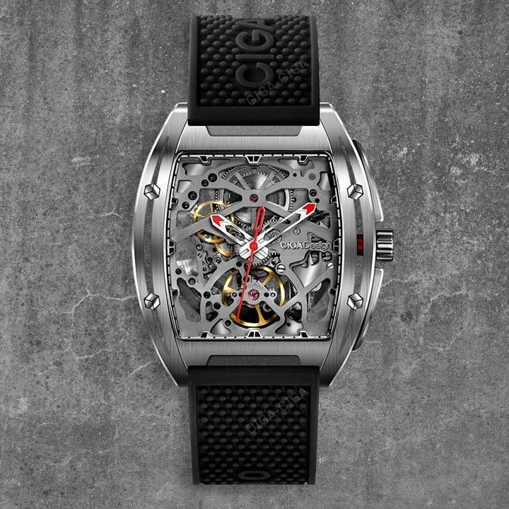 CIGA Design Z Series Top Brand Men's Red Skeleton Stainless Steel Analog Silver Wristwatch Tonneau Business Automatic Mechanical Sapphire Crystal Waterproof Watch