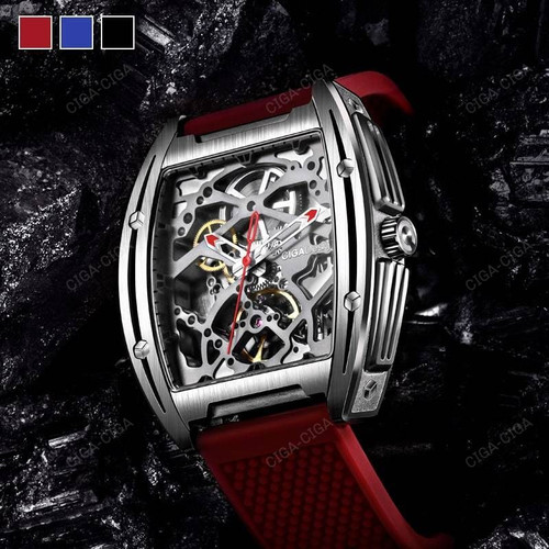 CIGA Design Z Series Top Brand Men's Red Skeleton Stainless Steel Analog Silver Wristwatch Tonneau Business Automatic Mechanical Sapphire Crystal Waterproof Watch