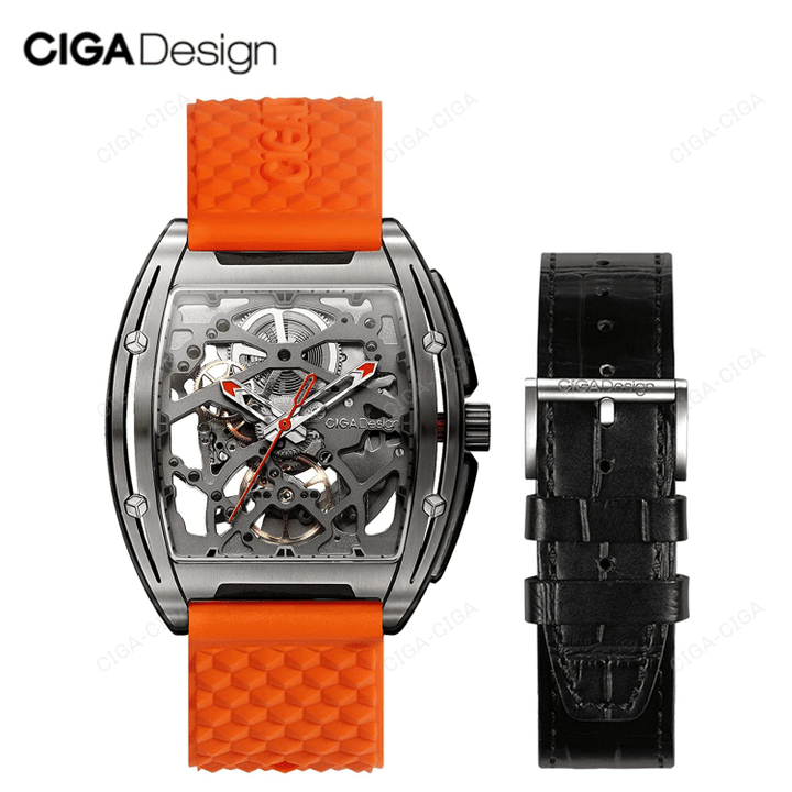 CIGA DESIGN Z Series Men's Automatic Mechanical Titanium Case Wristwatch Sapphire Crystal Skeleton Dial Timepiece With Silicone and Leather Strap