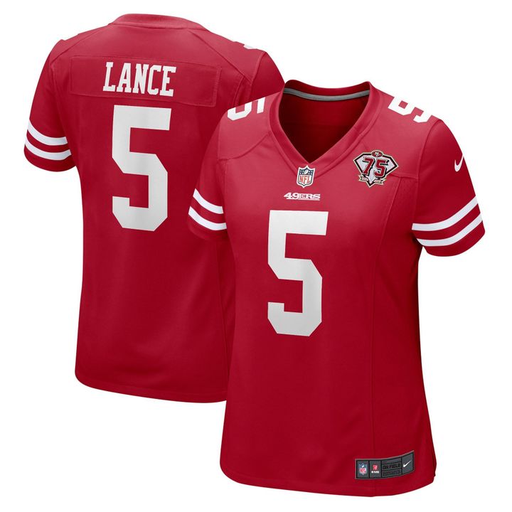 Womens San Francisco 49ers Trey Lance Scarlet 75th Anniversary Player Game Jersey Gift for San Francisco 49Ers fans