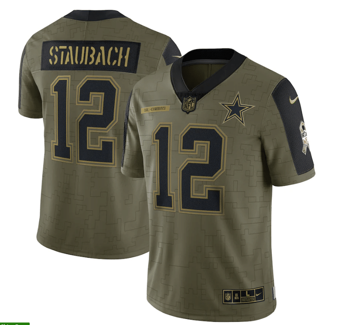 Dallas Cowboys Roger Staubach 12 NFL Olive 2021 Salute To Service Retired Player Men Jersey For Cowboys Fans