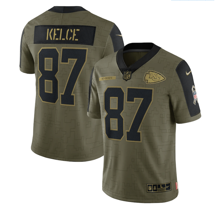 Kansas City Chiefs Travis Kelce 87 NFL Olive 2021 Salute To Service Limited Player Men Jersey For Chiefs Fans