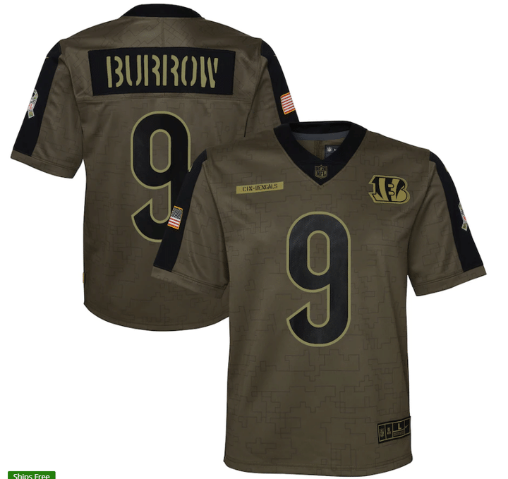 Cincinnati Bengals Joe Burrow 9 NFL Olive 2021 Salute To Service Game Men Jersey For Bears Fans