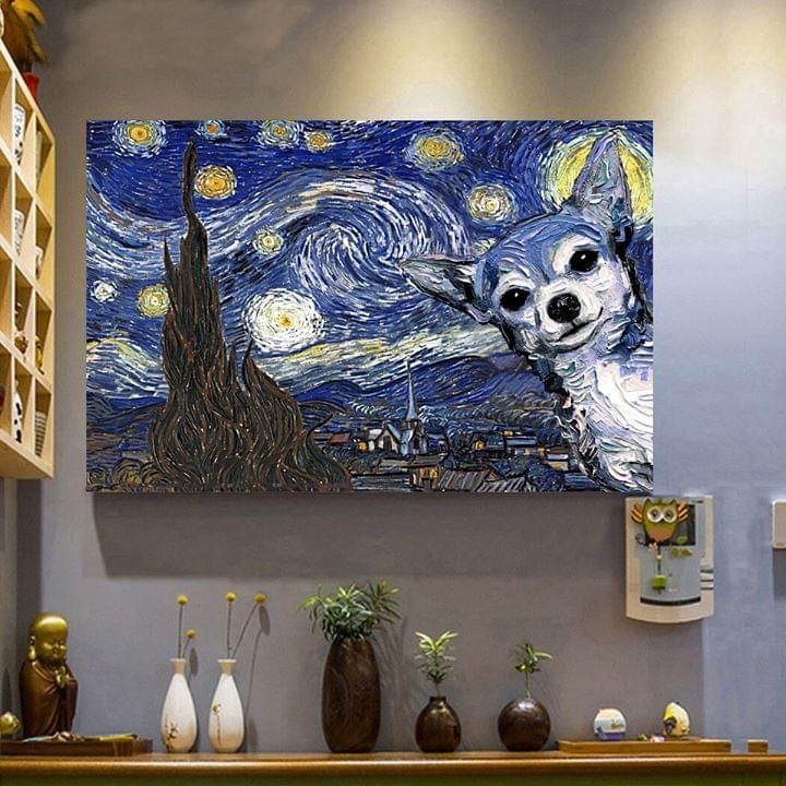 Chihuahua dog starry night van gogh oil painting style for dog lover poster