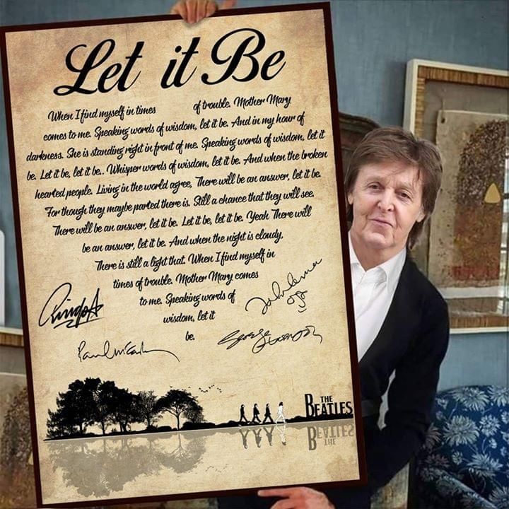 The beatles let it be lyrics heart typography signed for fan poster canvas