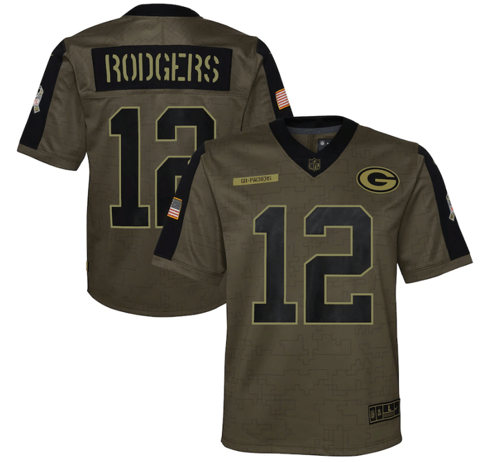 Green Bay Packers Aaron Rodgers 12 NFL Olive 2021 Salute To Service Game Men Jersey For Packers Fans