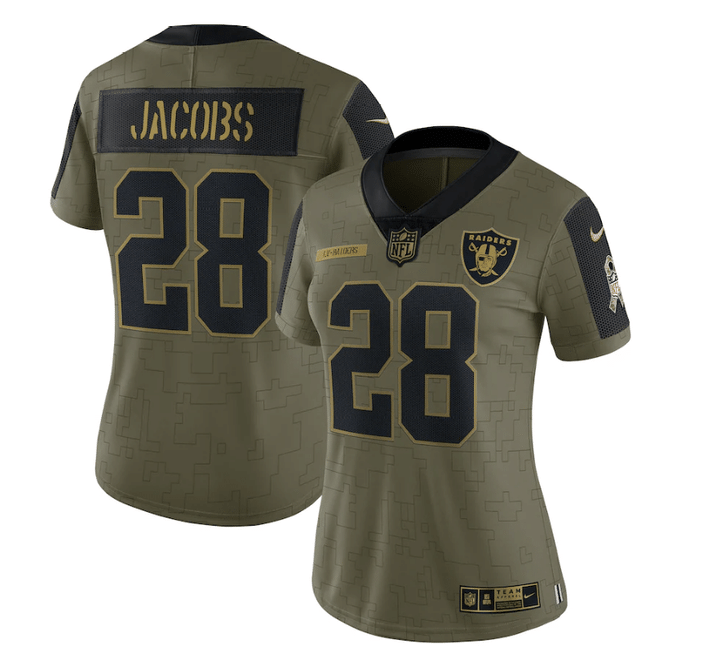 Las Vegas Raiders Josh Jacobs 28 NFL Olive 2021 Salute To Service Retired Player Women Jersey For Raiders Fans