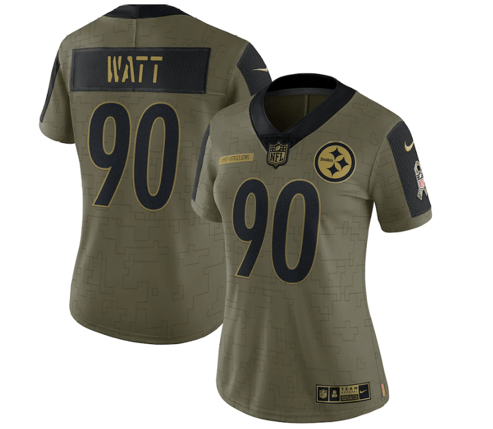 Pittsburgh Steelers T.J. Watt 90 NFL Olive 2021 Salute To Service Player Women Jersey For Steelers Fans