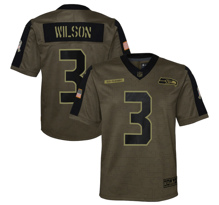 Seattle Seahawks Russell Wilson 3 NFL Olive 2021 Salute To Service Game Men Jersey For Seahawks Fans