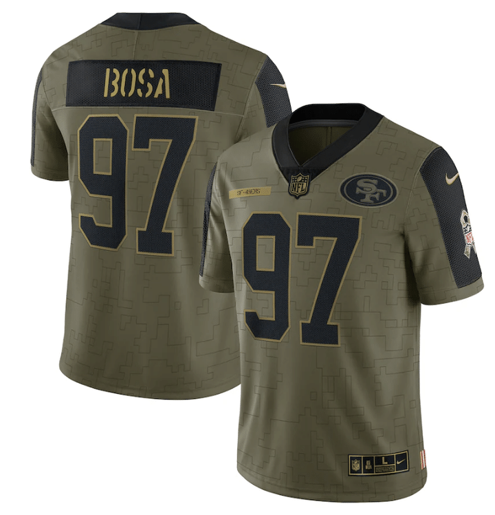 San Francisco 49ers Nick Bosa 97 NFL Olive 2021 Salute To Service Retired Player Men Jersey For 49ers Fans