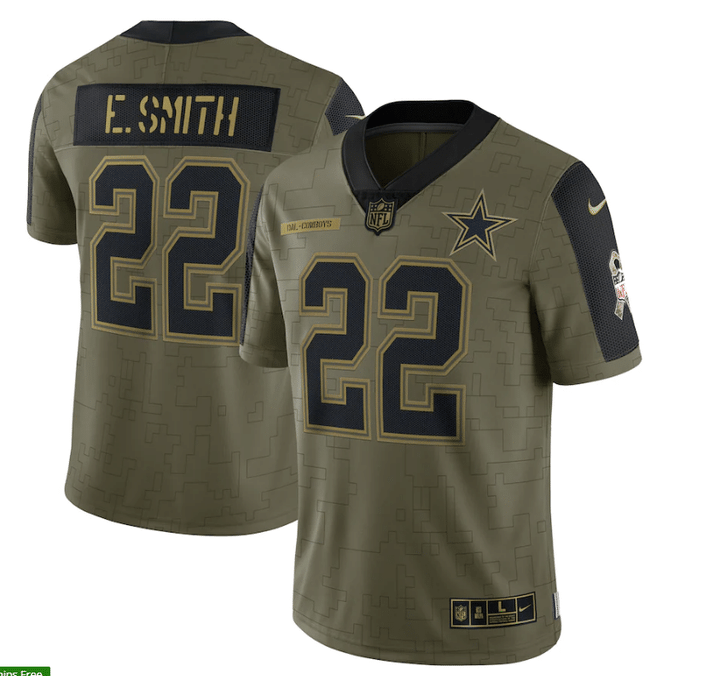 Dallas Cowboys Emmitt Smith 22 NFL Olive 2021 Salute To Service Retired Player Men Jersey For Cowboys Fans