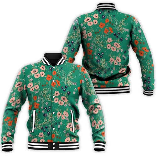 Seamless Summer Pattern With Floral Pink Red Poppy Green Feminine Motifs Gift for Her Baseball Jacket