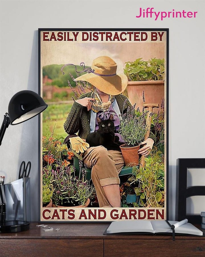 Black Cat And Garden Easily Distracted Vintage Home Poster Canvas Best Gift For Cat Lovers