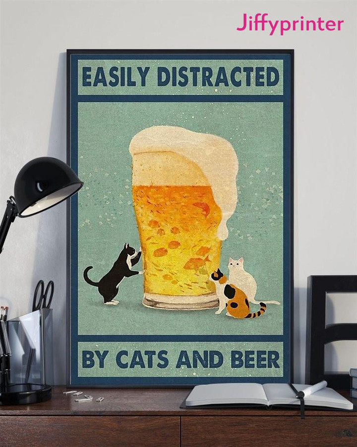 Beer And Cats Easily Distracted Vintage Vintage Home Poster Canvas Best Gift For Cat Lovers