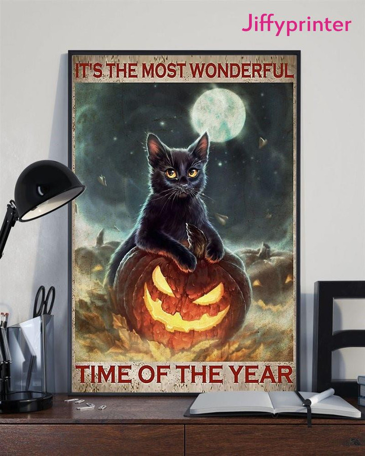 Black Cat Pumpkin It Is The Most Wonderful Time Of The Year Vintage Poster Canvas Best Gift For Cat Lovers