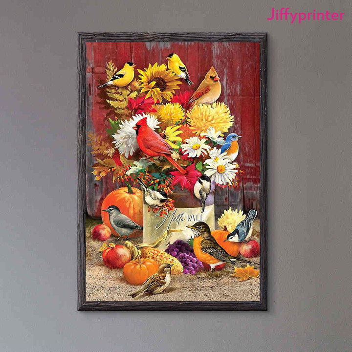 Bird Hello Fall Colorful Flower Pumpkin Vintage Poster Canvas Best Gift For Bird Lover