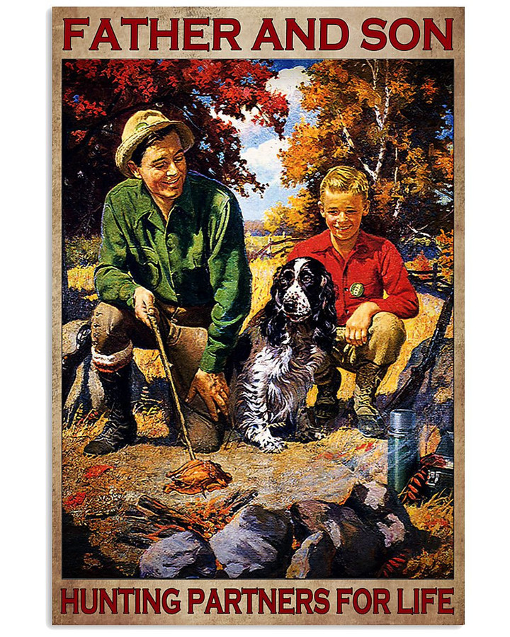 Father And Son Hunting Partners For Life With Dog On Father's Day Vintage Poster Canvas Gift For Hunting Lovers Hunters