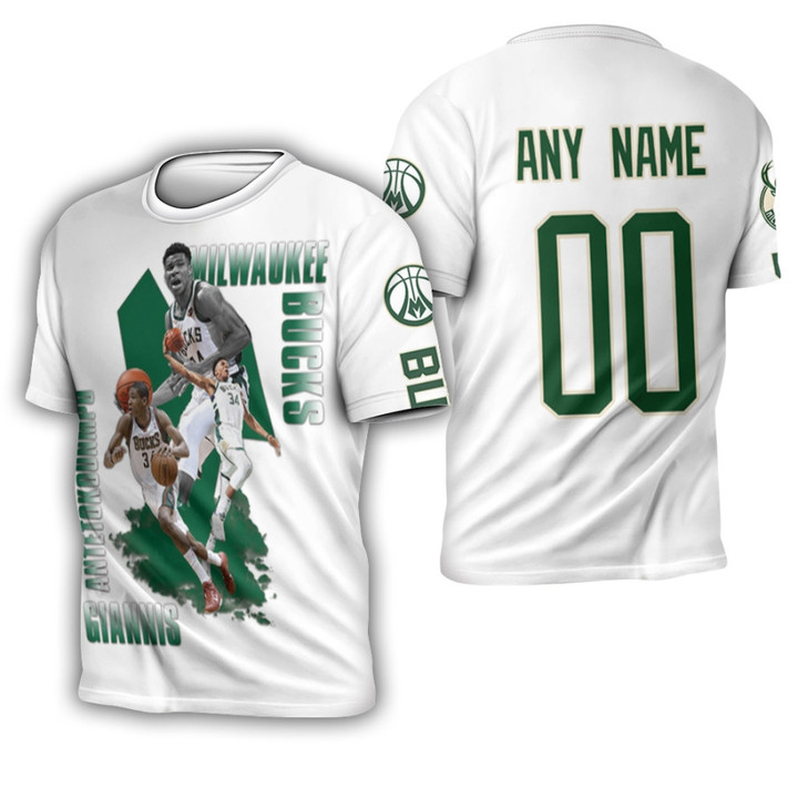 Milwaukee Bucks Giannis Antetokounmpo 34 NBA Prominent Player White 3D Gift With Custom Name Number For Bucks Fans