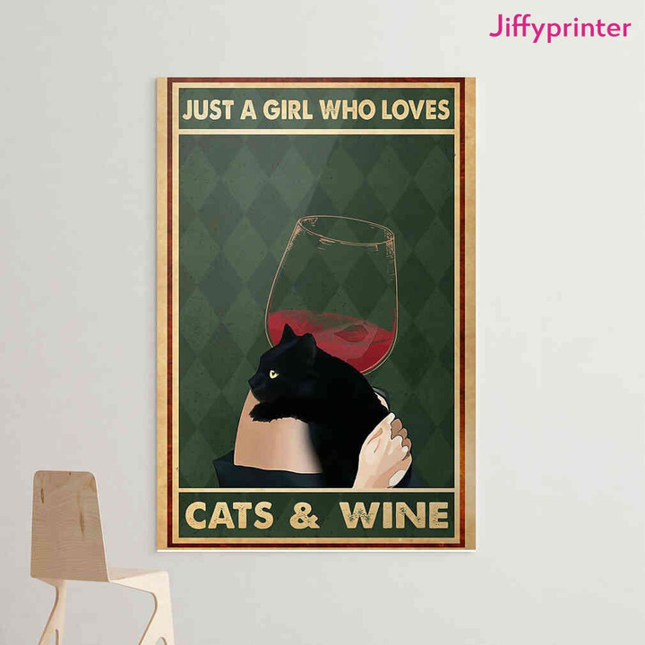 Black Cat Just A Girl Love Cats And Wine Vintage Poster Canvas Best Gift For Cat Lovers