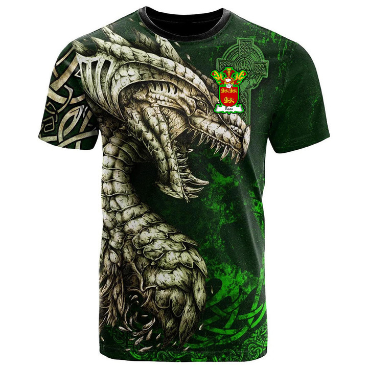 1stIreland Tee - Roos Family Crest T-Shirt - Dragon & Claddagh Cross A7 | 1stIreland