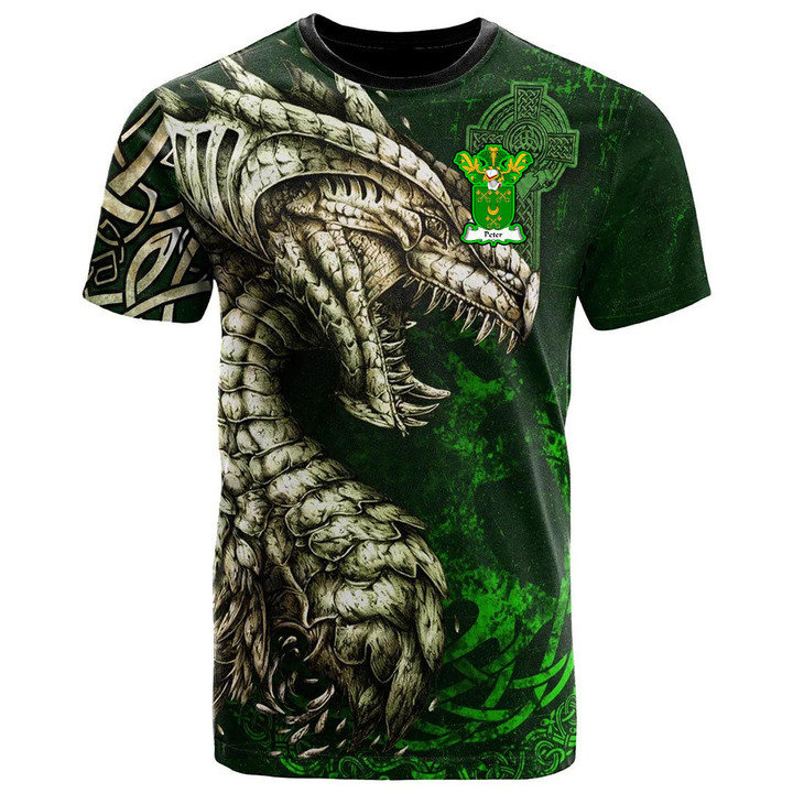 1stIreland Tee - Peter Family Crest T-Shirt - Dragon & Claddagh Cross A7 | 1stIreland