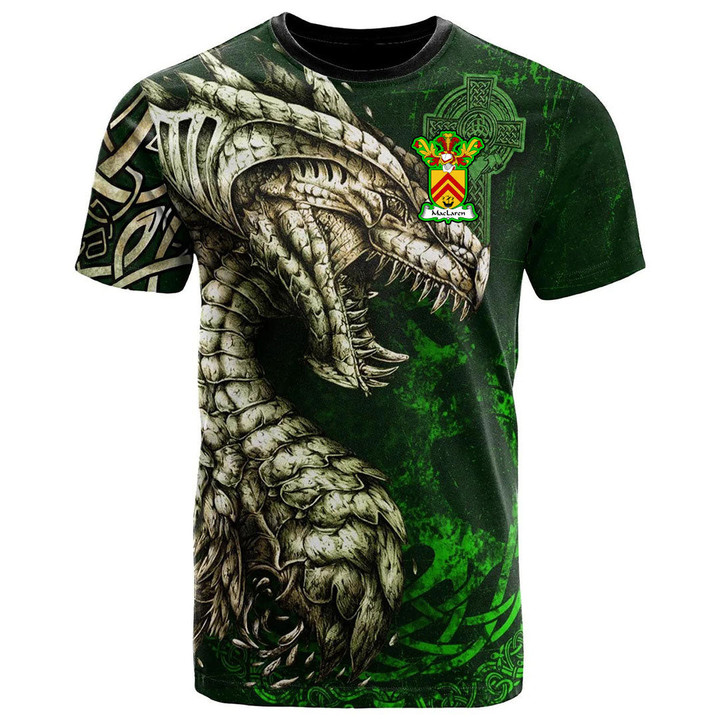 1stIreland Tee - MacLaren Family Crest T-Shirt - Dragon & Claddagh Cross A7 | 1stIreland