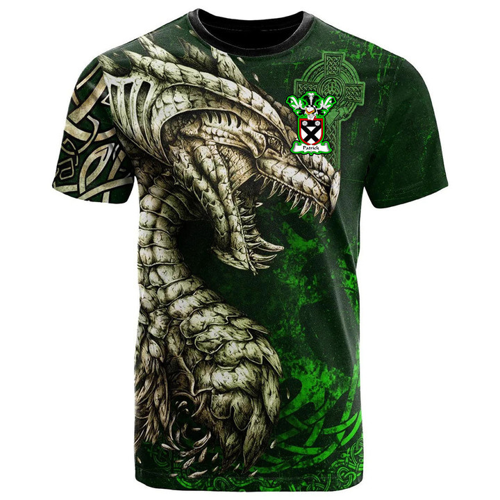 1stIreland Tee - Patrick Family Crest T-Shirt - Dragon & Claddagh Cross A7 | 1stIreland