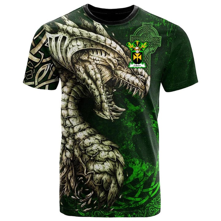 1stIreland Tee - Calzier Family Crest T-Shirt - Dragon & Claddagh Cross A7 | 1stIreland