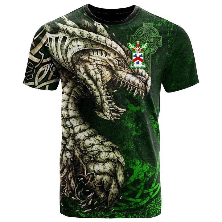 1stIreland Tee - Abercrombie Family Crest T-Shirt - Dragon & Claddagh Cross A7 | 1stIreland