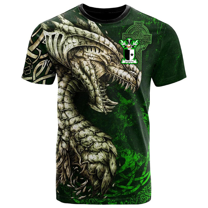 1stIreland Tee - Cleghorn Family Crest T-Shirt - Dragon & Claddagh Cross A7 | 1stIreland