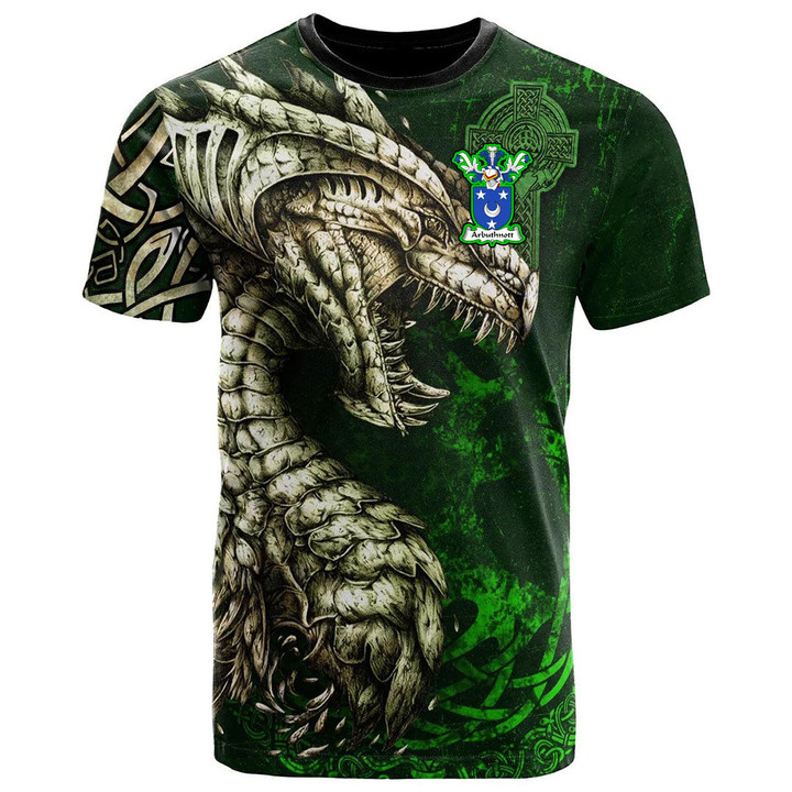 1stIreland Tee - Arbuthnott Family Crest T-Shirt - Dragon & Claddagh Cross A7 | 1stIreland