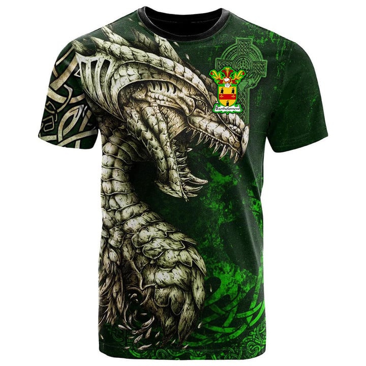 1stIreland Tee - Bartholomew Family Crest T-Shirt - Dragon & Claddagh Cross A7 | 1stIreland
