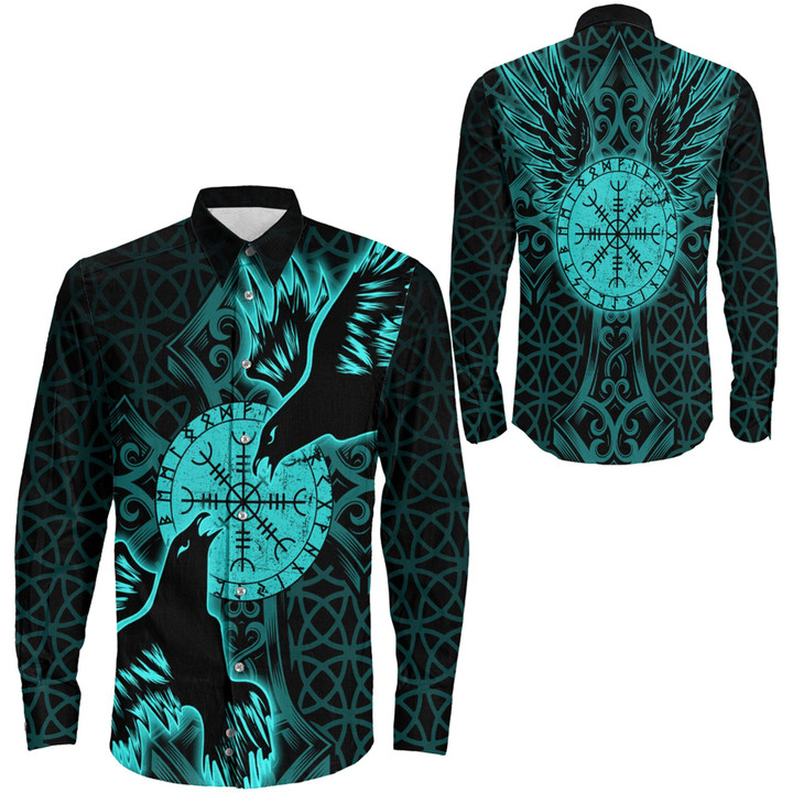 1stIreland Clothing - Viking Raven and Compass - Cyan Version - Long Sleeve Button Shirt A95 | 1stIreland