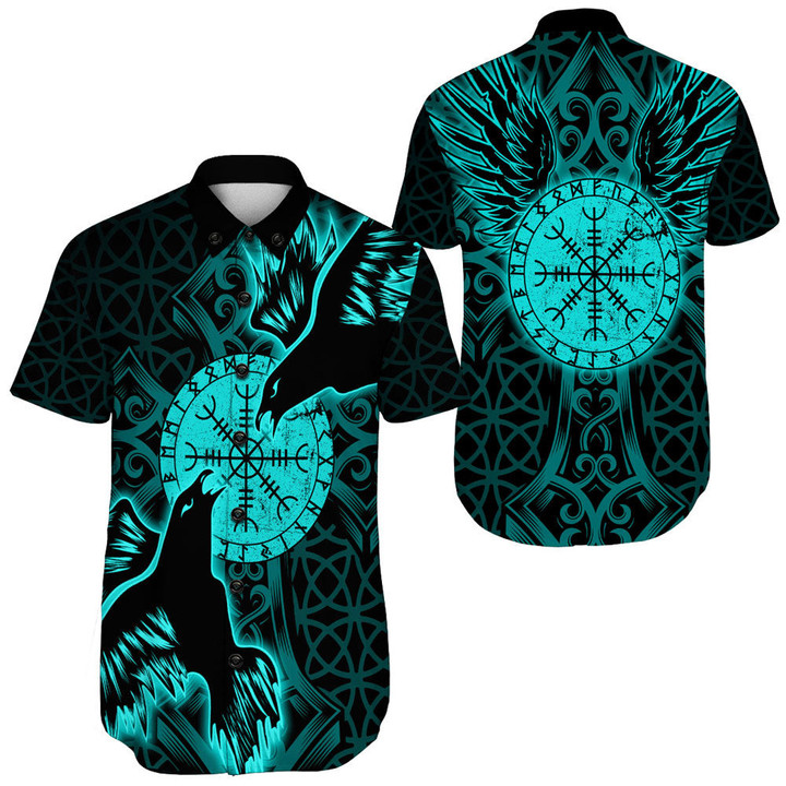 1stIreland Clothing - Viking Raven and Compass - Cyan Version - Short Sleeve Shirt A95 | 1stIreland